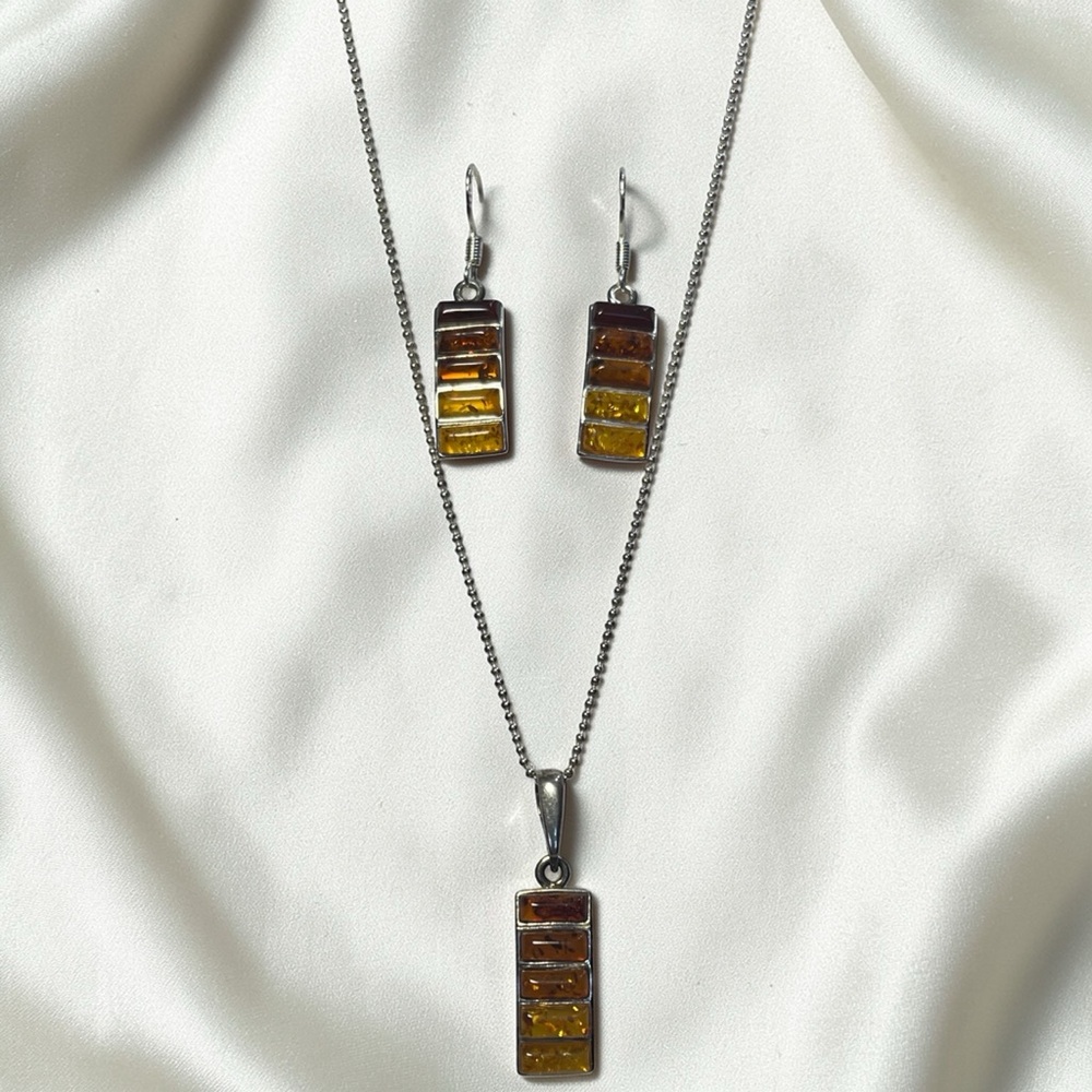 Vintage Modernist 925 Sterling Silver Ombre Amber Bar Necklace & Earrings Set